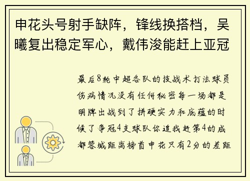 申花头号射手缺阵，锋线换搭档，吴曦复出稳定军心，戴伟浚能赶上亚冠